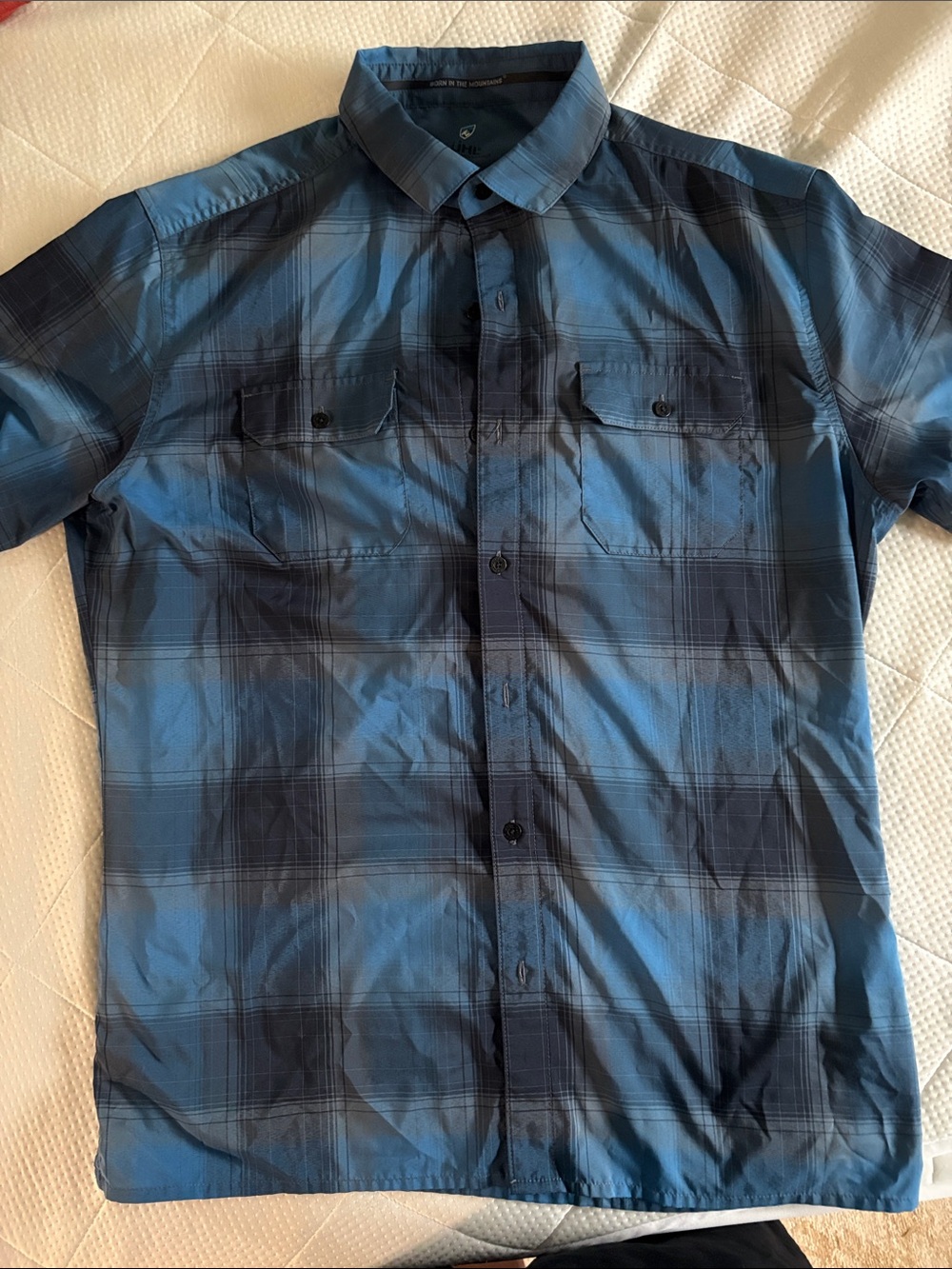 Kuhl Men's Blue and Navy Plaid Short-Sleeve Button-Down Shirt